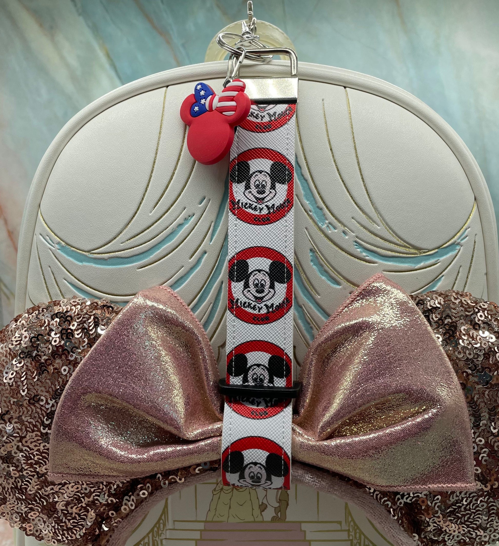 Mickey Mouse Club Logo Faux Leather Mickey Ear Holder Key Chain Wristlet Mouse Ear Accessories