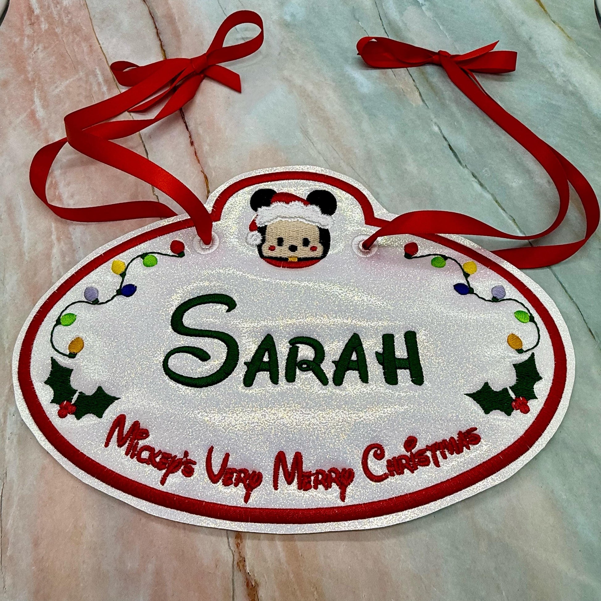 Santa Mickey’s Very Merry Christmas Inspired Personalized Embroidered Stroller, Wheel Chair, Scooter Name Tag