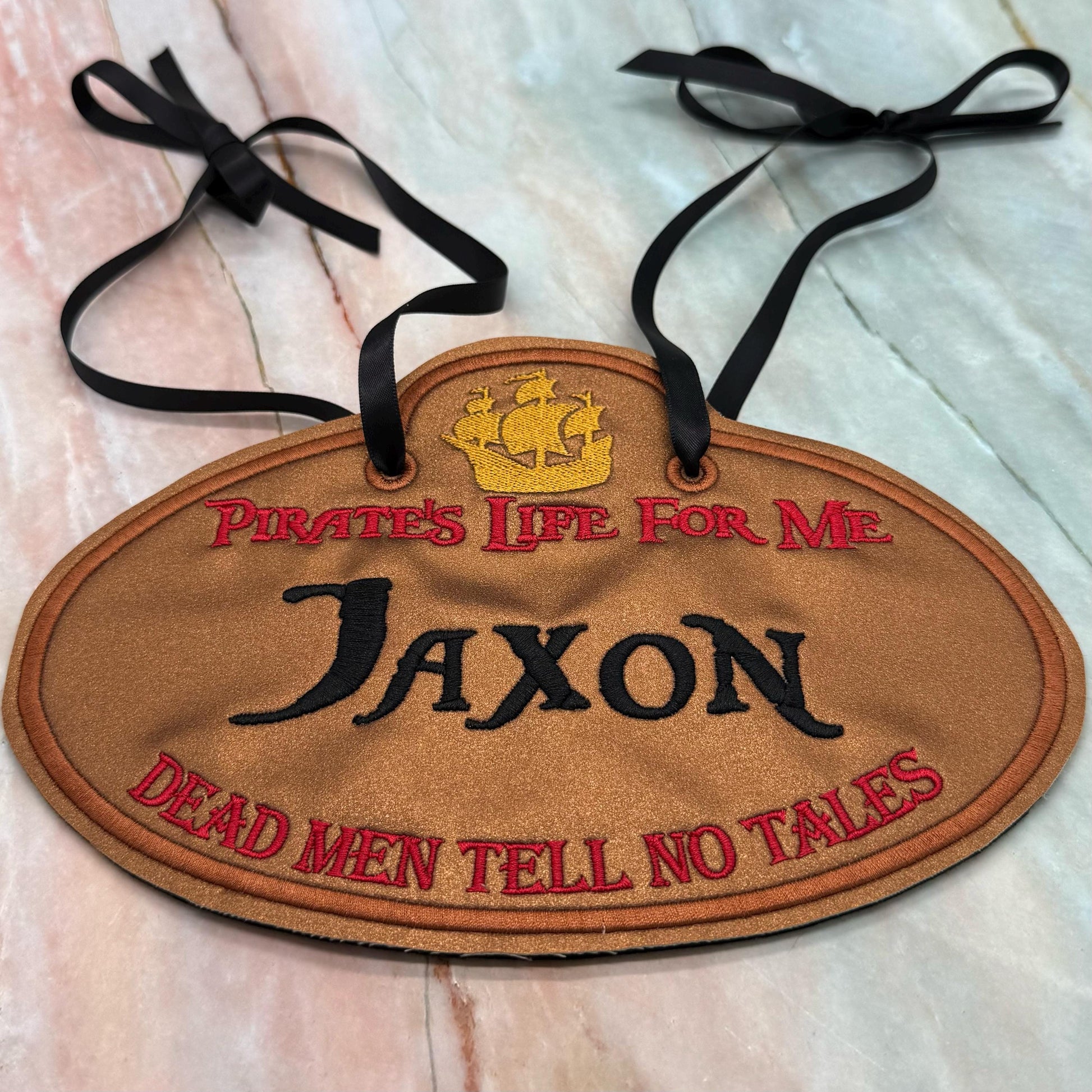 Pirates of the Caribbean Inspired Personalized Embroidered Stroller, Wheel Chair, Scooter Name Tag